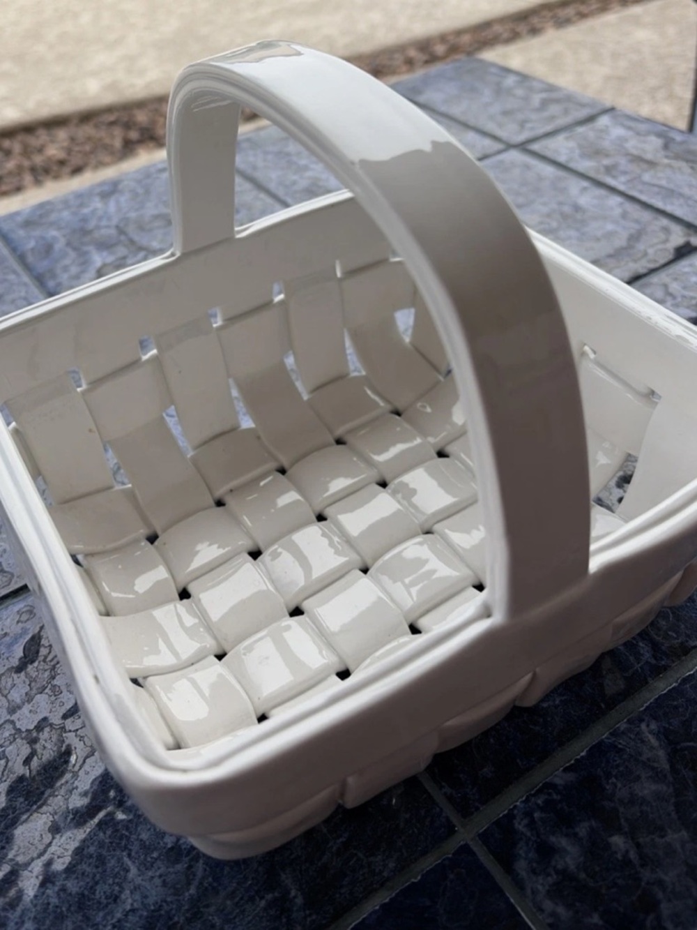 8” X 8” Vintage White Woven Ceramic Basket - Picture 2 of 4